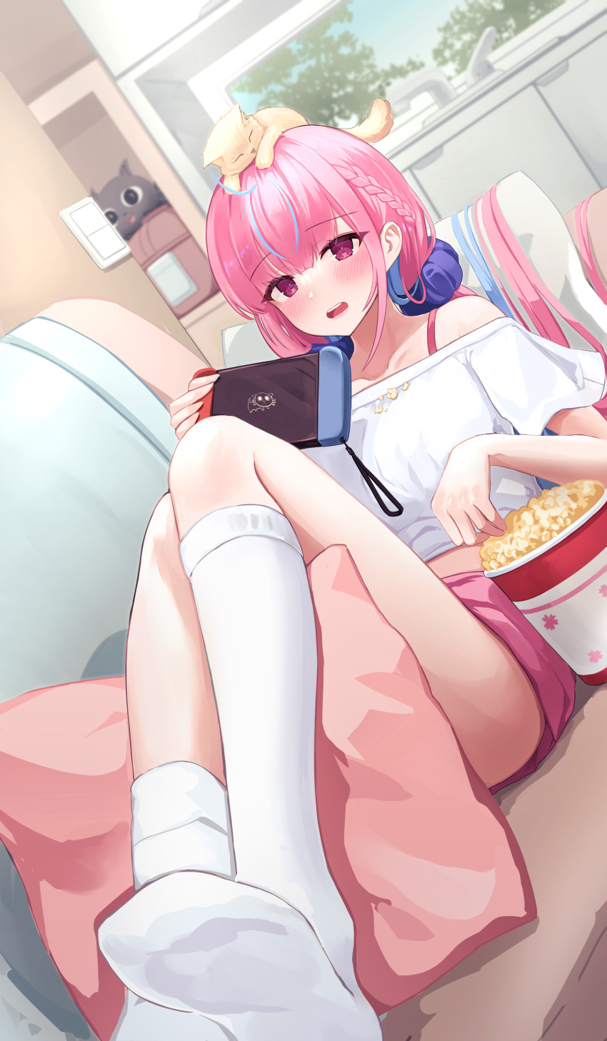 1girl absurdres ahoge bare_shoulders bra_strap braid crop_top crop_top_overhang daran9 dutch_angle highres holding hololive long_hair looking_at_viewer lying midriff minato_aqua multicolored_hair nintendo_switch off-shoulder_shirt off_shoulder on_back open_mouth pink_eyes pink_hair pink_shorts reclining shirt short_shorts shorts socks solo streaked_hair two-tone_hair virtual_youtuber white_shirt white_socks