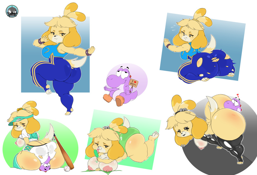 animal_crossing baseball_bat bat_(object) bencs bent_over big_butt blonde_hair breasts butt canid canine canis capcom chun-li clothed clothing domestic_dog facesitting female hair hi_res huge_butt isabelle_(animal_crossing) larger_female latex_stockings looking_at_viewer looking_back looking_back_at_viewer mammal mario_bros nintendo nipples raised_clothing raised_shirt raised_topwear reddened_butt shih_tzu shirt size_difference stinkface street_fighter topwear torn_clothing toy_dog video_games yoshi