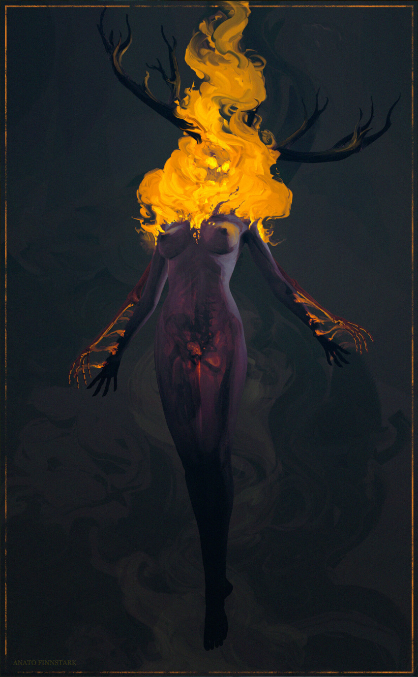 1girl anato_finnstark antlers barefoot breasts burning commentary completely_nude english_commentary floating highres medium_breasts nipples nude original signature skeleton skull solo translucent_skin