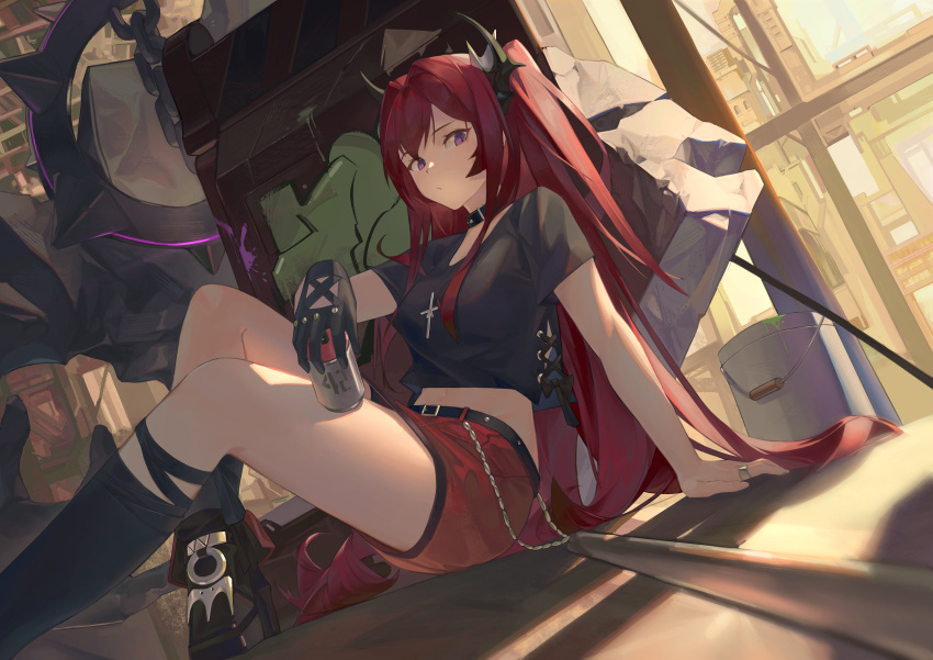 1girl absurdres arknights arm_support belt black_choker black_gloves black_shirt breasts can choker closed_mouth crop_top crop_top_overhang expressionless gloves highres holding horns knees_up long_hair looking_at_viewer medium_breasts midriff miniskirt nabi_(ybbvgvgvg) navel one_side_up purple_eyes red_hair red_skirt shirt short_sleeves single_glove sitting skirt solo stomach surtr_(arknights) surtr_(liberte_echec)_(arknights) thighs very_long_hair