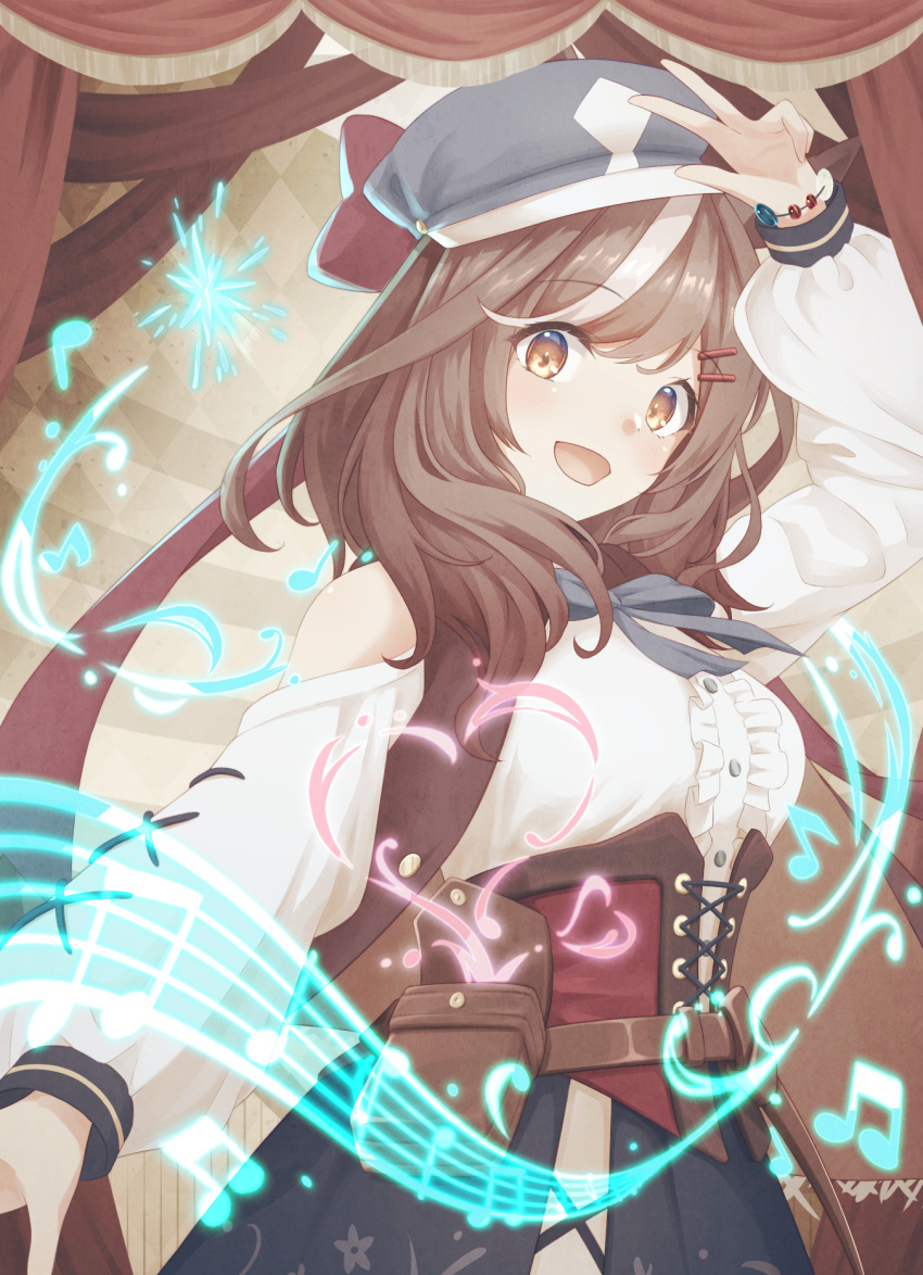 1girl amazumi animal_ears arm_up belt_pouch breasts brown_hair commentary_request curtains hair_ornament hairclip hat highres horse_ears horse_tail matikane_tannhauser_(umamusume) medium_breasts medium_hair musical_note musical_note_print open_mouth pouch stage tail umamusume v yellow_eyes