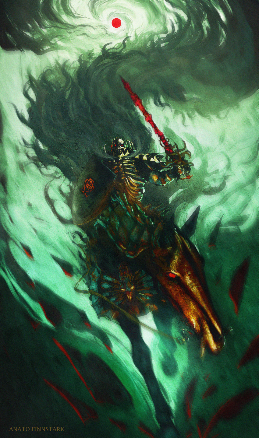 1boy absurdres anato_finnstark berserk cape highres holding holding_shield holding_sword holding_weapon horseback_riding looking_at_viewer moon red_moon riding shield skull_knight_(berserk) solo sword weapon