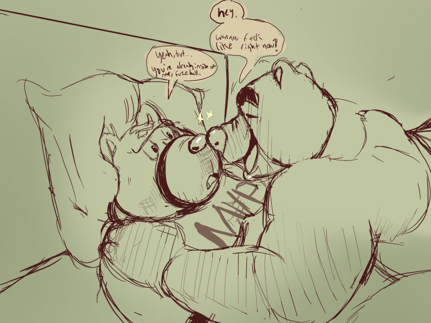 2022 animal_crossing anthro bed blush clothing curt_(animal_crossing) debudraws duo english_text eyes_closed furniture hi_res humanoid_hands lying male male/male mammal nintendo overweight overweight_male pillow shirt sketch teddy_(animal_crossing) text topwear ursid video_games