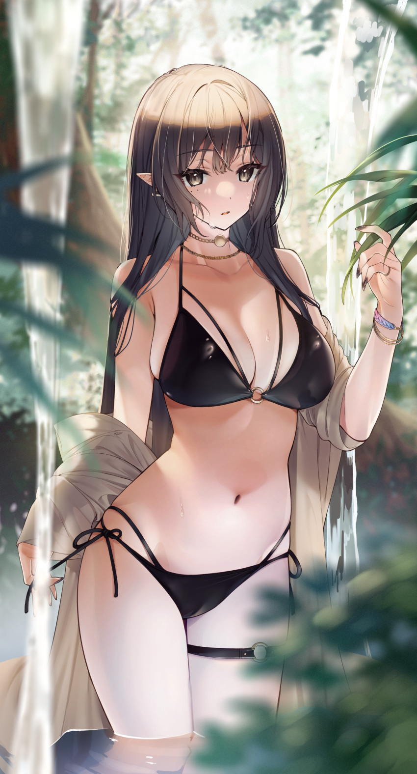 1girl absurdres bangs bare_shoulders bikini black_bikini black_hair black_nails blush bracelet breasts choker cleavage collarbone earrings elf eyebrows_hidden_by_hair fingernails highres jewelry large_breasts long_hair looking_at_viewer navel necklace o-ring o-ring_top original pointy_ears sharp_fingernails side-tie_bikini sino42 solo swimsuit thigh_strap thighs wet yellow_eyes