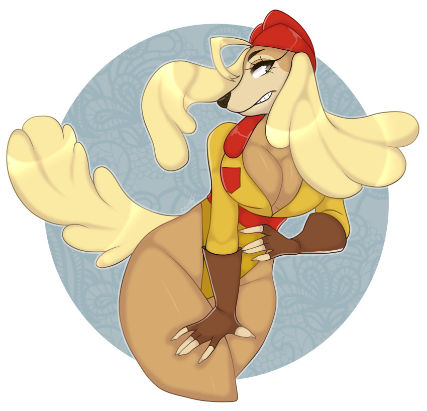 absurd_res anthro big_breasts breasts canid canine canis cleavage clenched_teeth clothed clothing crism200_(artist) cuphead_(character) cuphead_(game) domestic_dog female fur gloves handwear hat headgear headwear hi_res mammal pilot pilot_hat pilot_uniform saluki(cuphead) showing_leg solo teeth teeth_showing thick_thighs video_games yellow_body yellow_fur