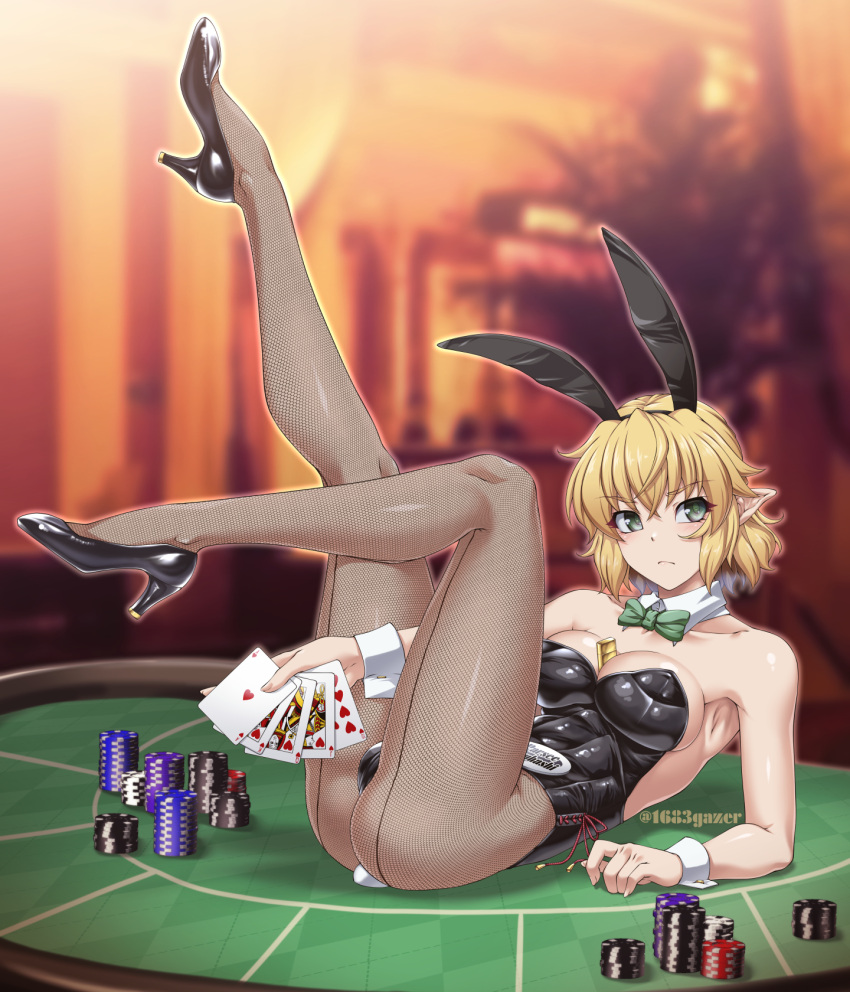 1girl animal_ears arm_support bangs between_breasts blonde_hair blurry blurry_background blush bow bowtie breasts bunny_day card character_name closed_mouth collarbone commentary_request covered_nipples detached_collar fake_animal_ears fingernails fishnet_pantyhose fishnets green_bow green_bowtie green_eyes high_heels highres holding holding_card leg_up medium_breasts mizuhashi_parsee ootsuki_wataru pantyhose playboy_bunny pointy_ears poker_chip poker_table rabbit_ears short_hair solo table touhou wing_collar wrist_cuffs