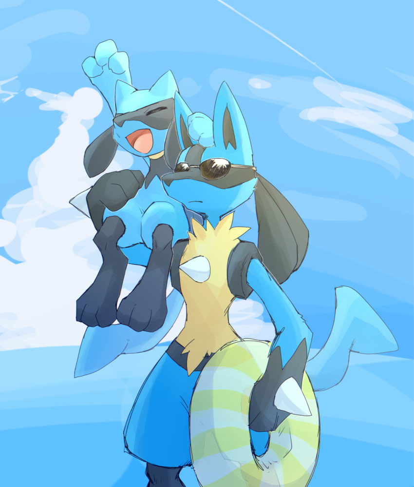 2boys animal_ears animal_feet animal_hands arm_up black_fur blue_fur blue_sky blue_theme body_fur closed_mouth cloud commentary day expressionless feet furry furry_male hand_on_another's_head happy highres holding holding_innertube horizon innertube lucario male_child male_focus multicolored_fur multiple_boys ocean open_mouth outdoors outstretched_arm pokemon pokemon_(creature) riolu sitting_on_arm sky smile snout spikes standing sukasshu_(mroooo) sunglasses tail water wolf_boy wolf_ears wolf_tail yellow_fur
