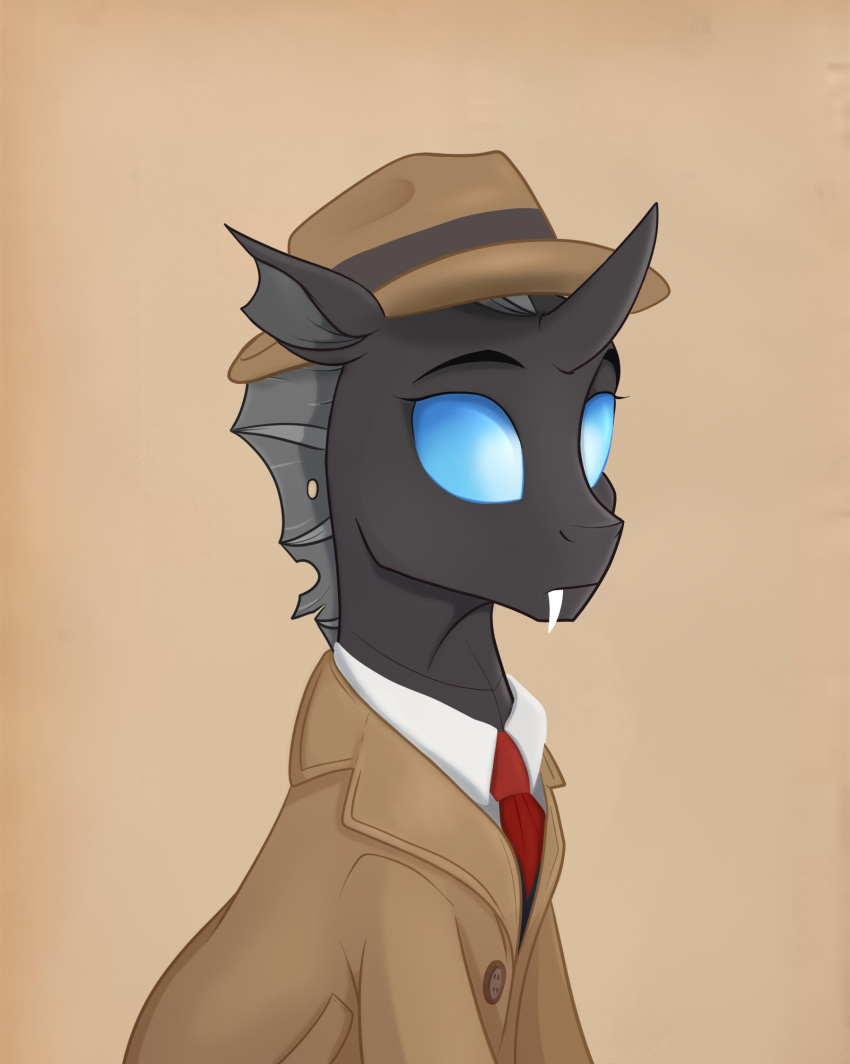 arthropod black_body blue_eyes changeling clothed clothing fangs feral friendship_is_magic grey_mane hasbro hi_res horn male mane my_little_pony rutkotka simple_background solo trilby_(hat)