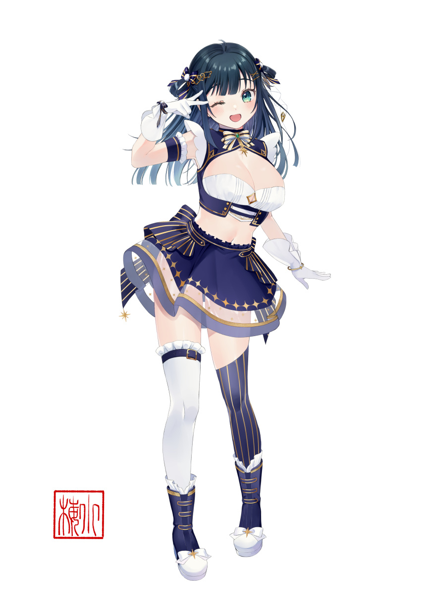 1girl absurdres amano_nene_(vtuber) asymmetrical_legwear birry1228 blue_hair blush boots bracelet breasts cleavage gloves green_eyes highres idol jewelry large_breasts long_hair looking_at_viewer midriff mismatched_legwear navel one_eye_closed open_mouth production_kawaii skirt solo thighhighs virtual_youtuber