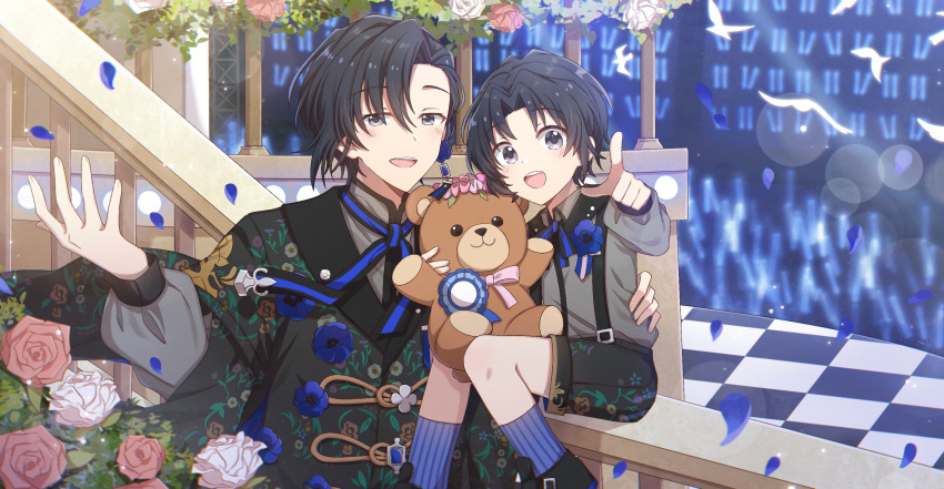 2boys age_comparison bishounen black_hair falling_petals glowstick grey_eyes highres idol idol_clothes idolish_7 izumi_iori light_stick looking_at_viewer male_focus moxingzhupaifan multiple_boys open_mouth petals short_hair stuffed_animal stuffed_toy teddy_bear time_paradox