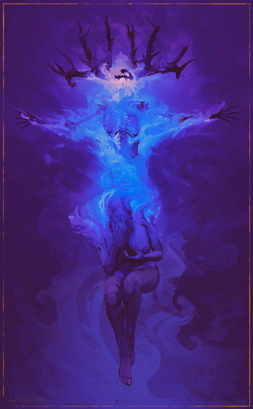 1girl anato_finnstark antlers barefoot blue_fire burning commentary completely_nude english_commentary fire floating highres nipples nude original purple_theme signature skeleton solo