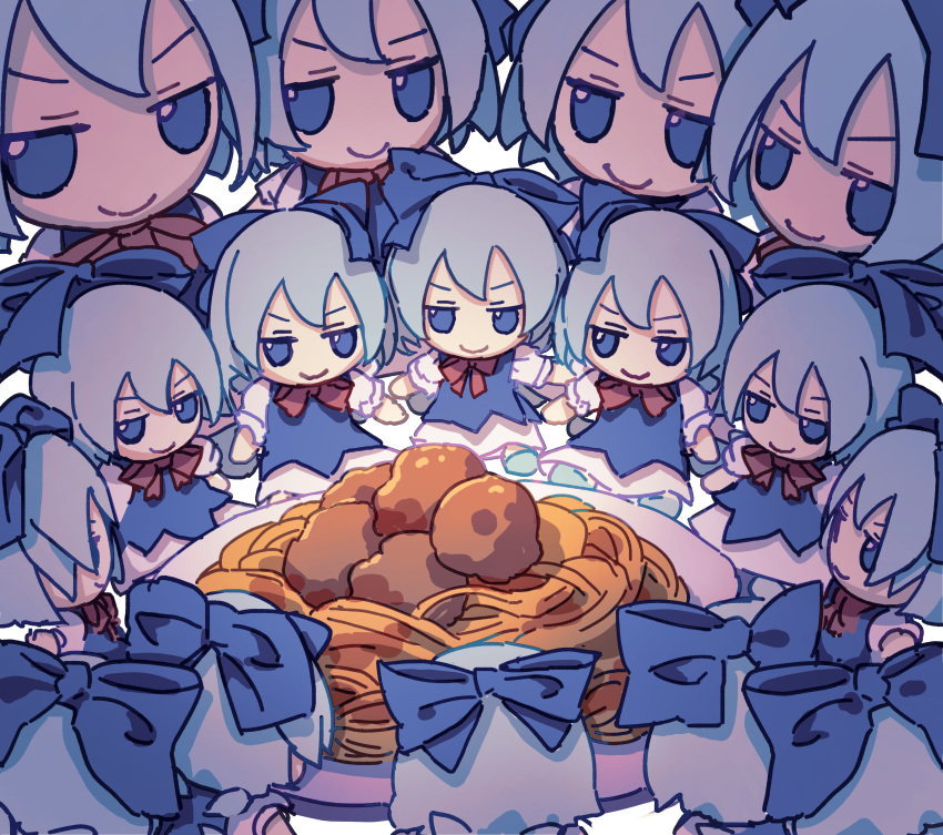 6+girls absurdres blue_bow blue_dress blue_eyes blue_hair bow cirno dress fairy food fumo_(doll) hair_between_eyes hair_bow highres ice ice_wings kame_(kamepan44231) multiple_girls multiple_persona pasta plate shirt short_hair short_sleeves simple_background spaghetti touhou white_background white_shirt wings