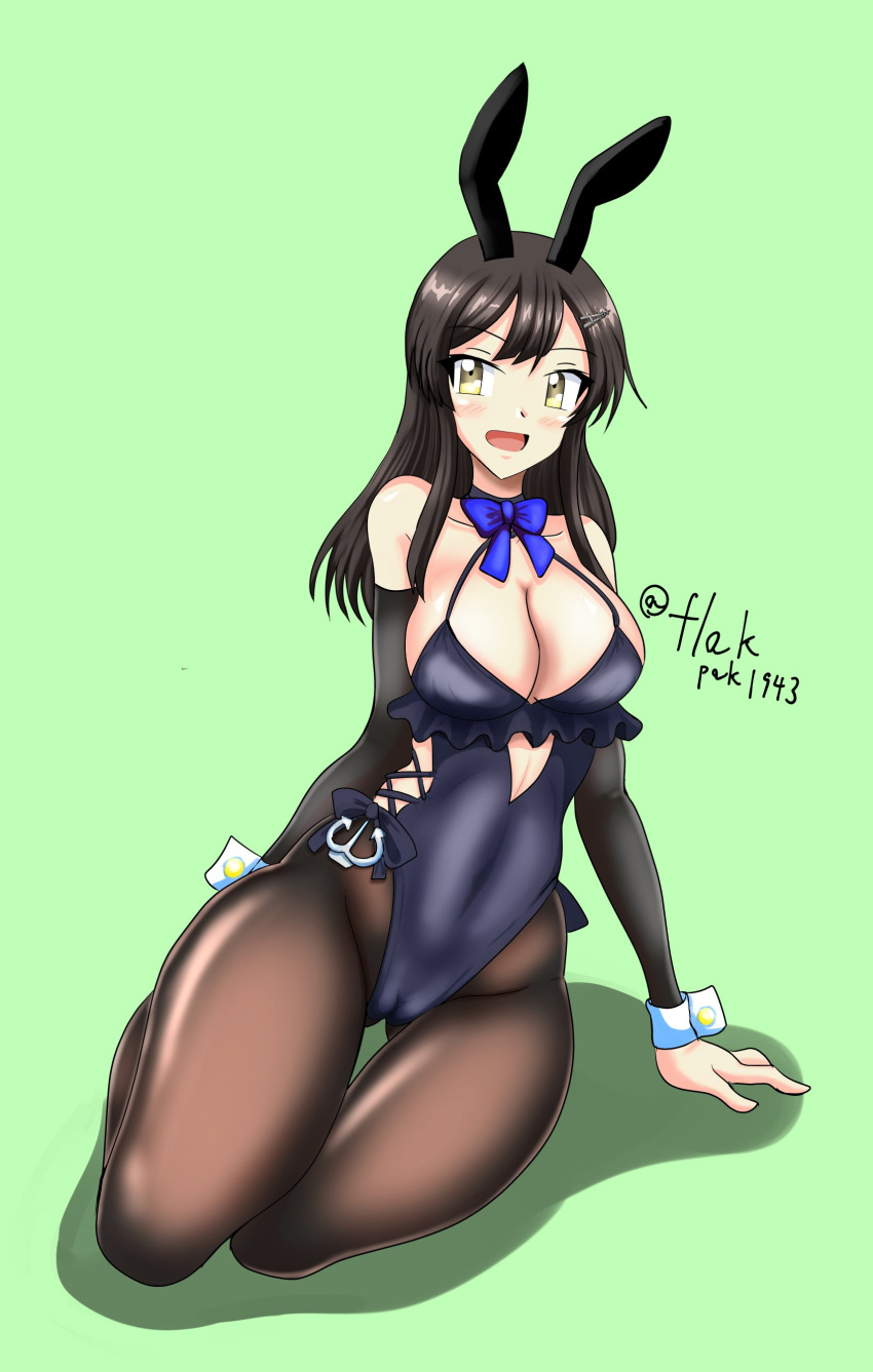 1girl absurdres adapted_costume anchor animal_ears arm_warmers ass_visible_through_thighs black_hair black_pantyhose black_swimsuit blue_bow blue_bowtie bow bowtie breasts cameltoe casual_one-piece_swimsuit cleavage commentary_request cosplay covered_navel flak_f2-gata frilled_swimsuit frills green_background hair_ornament hairclip highleg highleg_swimsuit highres kantai_collection large_breasts one-hour_drawing_challenge one-piece_swimsuit oyashio_(kancolle) pantyhose pantyhose_under_swimsuit playboy_bunny_swimsuit rabbit_ears sagiri_(kancolle) sagiri_(kancolle)_(cosplay) side-tie_swimsuit sitting solo swimsuit yellow_eyes yokozuwari