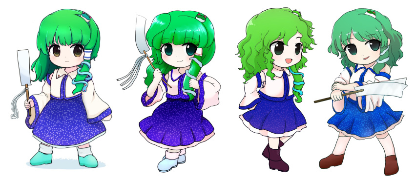 1girl arm_support arms_up bangs bare_shoulders blue_footwear blue_skirt blush boots breasts brown_footwear buttons chibi closed_mouth collared_shirt commentary_request detached_sleeves frills frog_hair_ornament full_body gohei green_eyes green_hair hair_between_eyes hair_ornament hair_tubes hand_on_hip hand_up hands_up highres kneehighs kochiya_sanae leg_up legacy_of_lunatic_kingdom long_hair long_sleeves looking_to_the_side medium_breasts medium_hair mountain_of_faith open_mouth purple_footwear purple_skirt rei_(tonbo0430) shirt shoes short_hair simple_background skirt smile snake_hair_ornament socks solo standing standing_on_one_leg ten_desires touhou undefined_fantastic_object v-shaped_eyebrows white_background white_shirt white_socks wide_sleeves yellow_eyes