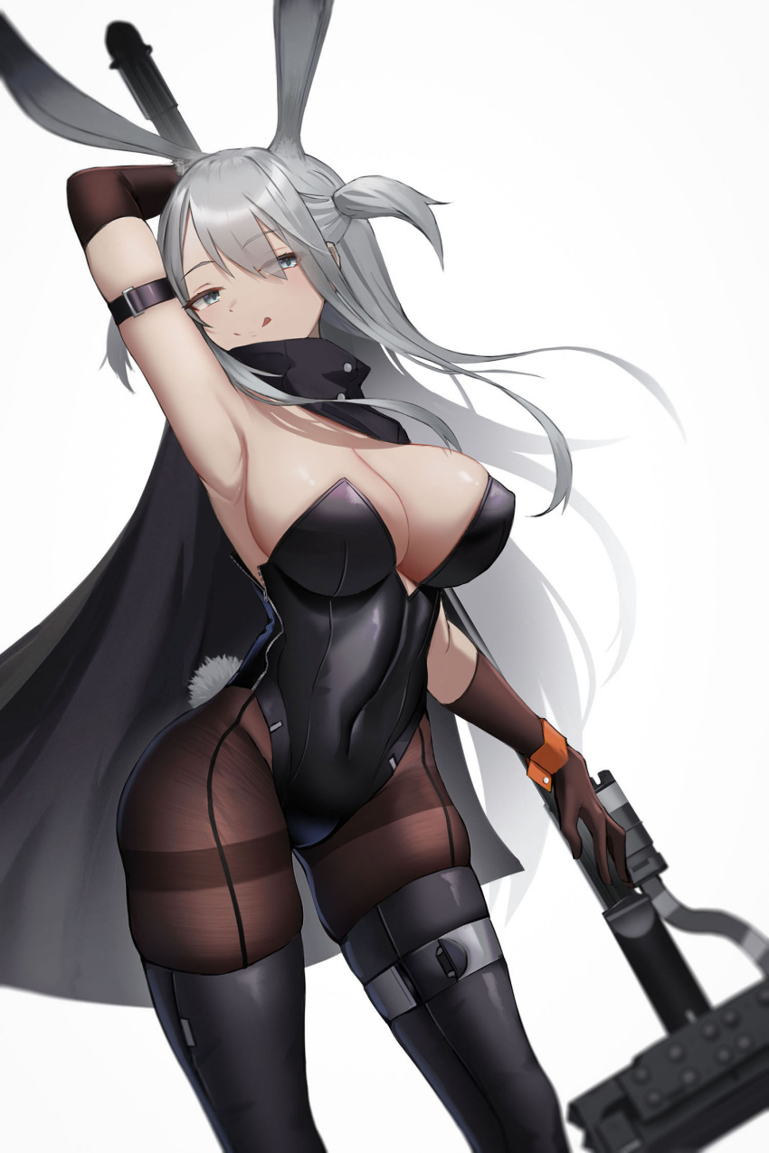 1girl :q animal_ears arknights arm_strap arm_up armpits bangs black_leotard black_thighhighs breasts brown_gloves brown_pantyhose cleavage commentary covered_navel cowboy_shot gloves grey_eyes grey_hair groin hammer highres holding holding_hammer holding_weapon large_breasts leotard lodbyy long_hair looking_at_viewer pantyhose rabbit_ears rabbit_tail savage_(arknights) simple_background skindentation smile solo standing strapless strapless_leotard tail thighband_pantyhose thighhighs thighhighs_over_pantyhose tongue tongue_out two_side_up very_long_hair weapon white_background wrist_cuffs