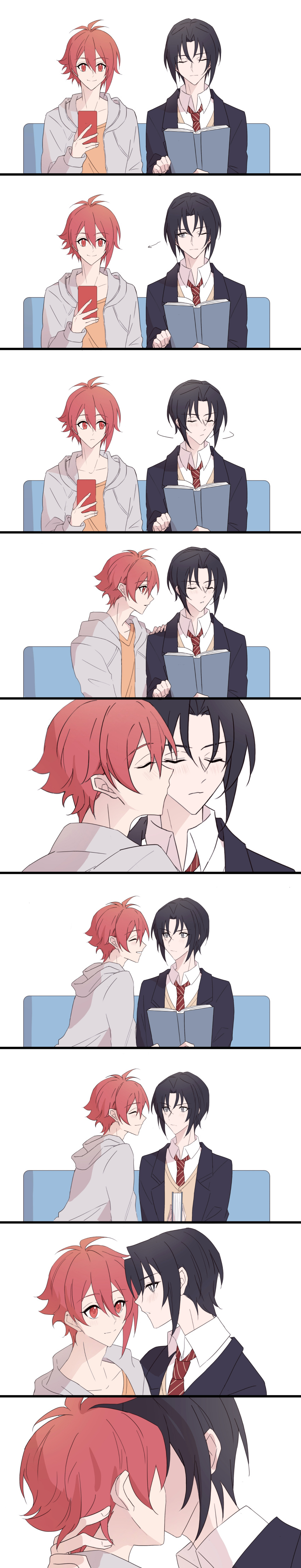1052264052 2boys absurdres ahoge bishounen black_hair blue_hair book couch highres holding holding_book holding_phone idolish_7 incredibly_absurdres izumi_iori kiss kissing_cheek male_focus multiple_boys nanase_riku open_mouth phone red_eyes red_hair short_hair smile tall_image white_background