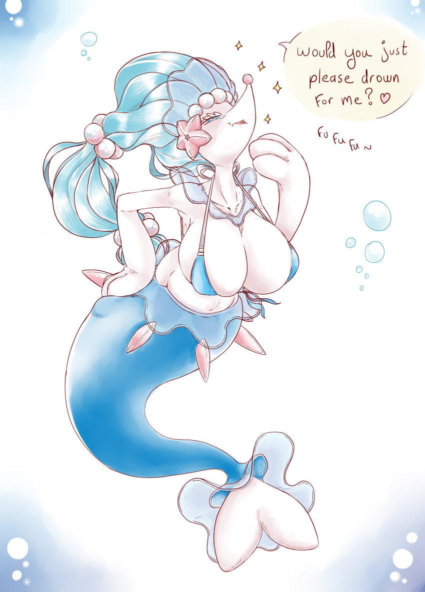 &lt;3 absurd_res anthro big_breasts bikini bikini_top blue_eyes blue_hair blush breasts clothing female generation_7_pokemon hair hi_res long_hair mammal marine nintendo pinniped pixiepaws pok&eacute;mon pok&eacute;mon_(species) primarina smile solo swimwear text video_games