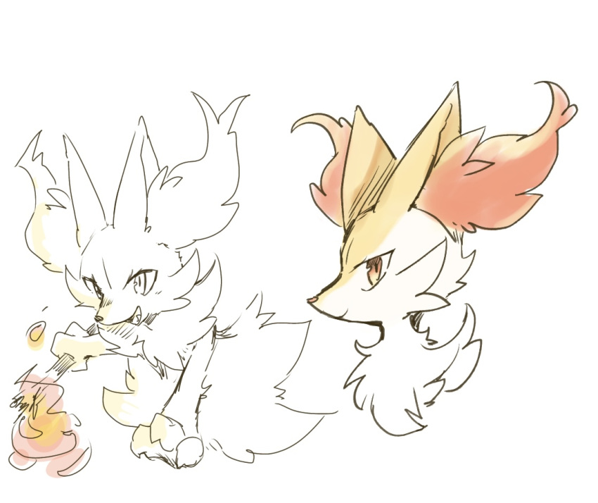 1girl animal_ear_fluff animal_ears animal_nose arm_up body_fur braixen closed_mouth commentary fang fire fox_ears fox_girl from_side fur_collar furry furry_female happy holding holding_stick looking_at_viewer multiple_views open_mouth outstretched_arm partially_colored pokemon pokemon_(creature) profile red_eyes simple_background sketch smile snout stick sukasshu_(mroooo) two-tone_fur upper_body white_background white_fur yellow_fur