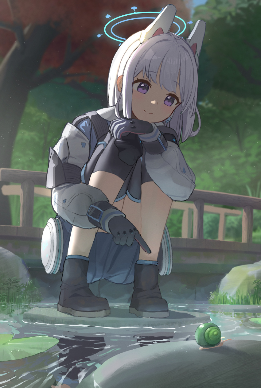 1girl absurdres animal black_gloves blue_archive blue_jacket blue_skirt blush closed_mouth day gloves grey_hair halo headgear highres hub_(havu_obi) jacket knee_pads long_sleeves miyako_(blue_archive) outdoors pleated_skirt puffy_long_sleeves puffy_sleeves purple_eyes railing reflection skirt smile snail solo squatting tree water