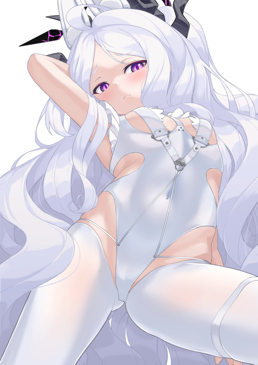 1girl ahoge arm_behind_head armpits arms_up ass_visible_through_thighs azur_lane blue_archive breasts cosplay covered_navel crotchless crotchless_pantyhose from_below groin highleg highleg_leotard highres hina_(blue_archive) horns kido_airaku le_malin_(azur_lane) le_malin_(azur_lane)_(cosplay) le_malin_(listless_lapin)_(azur_lane) le_malin_(listless_lapin)_(azur_lane)_(cosplay) leotard long_hair looking_at_viewer looking_down panties pantyhose pink_eyes playboy_bunny small_breasts solo thigh_strap thighs underwear very_long_hair white_hair white_leotard white_panties