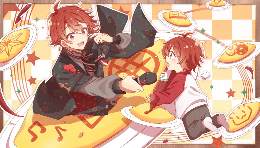 2boys age_comparison alternate_costume bishounen bread_bun earrings flower_earrings highres holding holding_microphone idolish_7 jewelry looking_at_another male_child male_focus microphone moxingzhupaifan multiple_boys nanase_riku open_mouth red_eyes red_hair sauce shirt t-shirt time_paradox younger