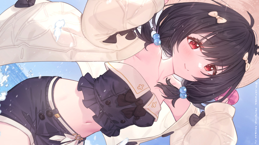 1girl arms_up bangs bare_shoulders black_hair black_shirt black_shorts blush bow brown_jacket closed_mouth cowboy_shot crop_top day granblue_fantasy hair_bobbles hair_bow hair_ornament hands_on_headwear hat highres jacket long_hair low_twintails midriff navel ocean open_clothes open_jacket outdoors red_eyes shirt short_shorts short_twintails shorts sideways_glance smile solo standing strapless strapless_shirt sun_hat twintails vikala_(granblue_fantasy) wading water yellowpaint.