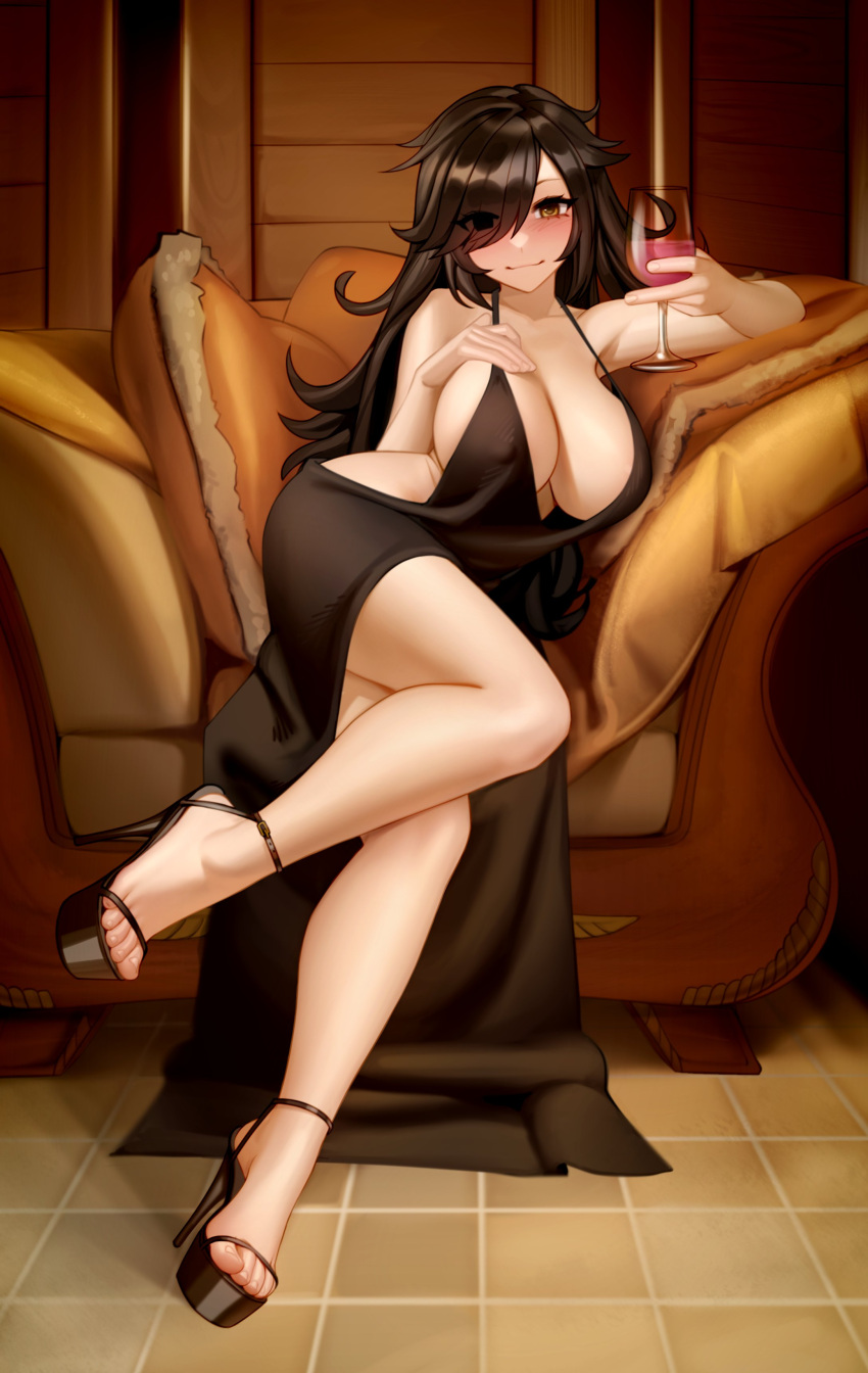1girl absurdres armchair bangs bare_arms bare_legs bare_shoulders black_dress black_footwear black_hair breasts brown_eyes chair commentary covered_nipples cup dress drinking_glass english_commentary eyes_visible_through_hair hair_over_one_eye high_heels highres holding holding_cup indoors kairunoburogu large_breasts legs long_hair looking_at_viewer original pillow shoes sitting sleeveless sleeveless_dress solo tile_floor tiles