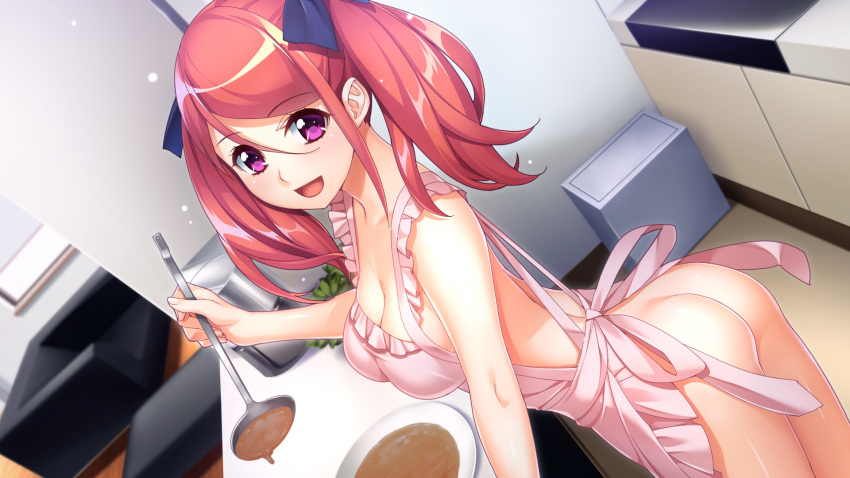 1girl apron ass breasts cleavage dutch_angle game_(=eroge)_mitai_na_suteki_na_koi_ga_shitai! game_cg highres holding holding_ladle indoors ino_(magloid) ladle large_breasts long_hair naked_apron official_art open_mouth otokaze_marine photoshop_(medium) pink_apron pink_eyes red_hair solo twintails