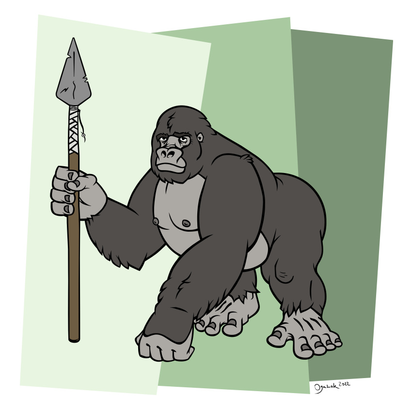 absurd_res ape artist_oganok chub_(disambiguation) feet fur gorilla hairy haplorhine hi_res male male/male mammal melee_weapon monkey polearm primate slightly_chubby solo spear superabsurd_res weapon