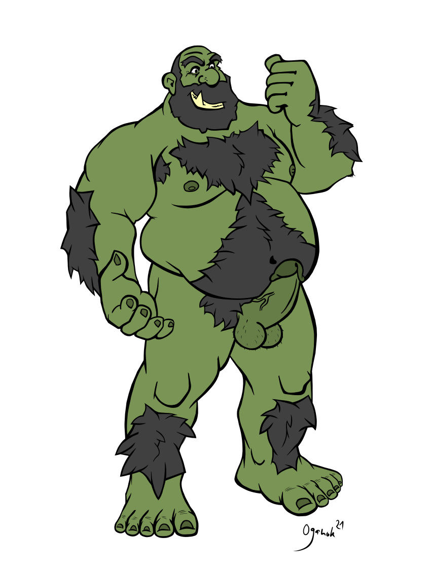 absurd_res ape artist_oganok beard belly bodyhair facial_hair father gorilla green hairy haplorhine hi_res humanoid male male/male mammal mature_(disambiguation) orc overweight parent primate slightly_chubby solo transformation