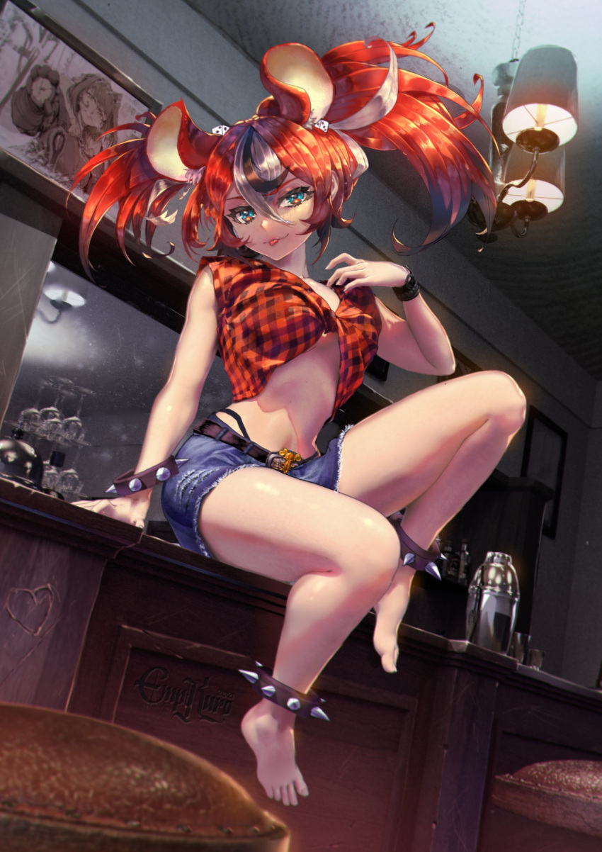 animal_ears bar bar_stool barefoot belt belt_buckle black_hair blue_eyes bracelet buckle checkered_clothes denim denim_shorts empikuro feet hakos_baelz highres hololive hololive_english jewelry mouse_ears multicolored_hair ouro_kronii red_hair shirt shorts sleeveless sleeveless_shirt spiked_anklet spiked_bracelet spikes stool thong toes tongue tongue_out twintails white_hair