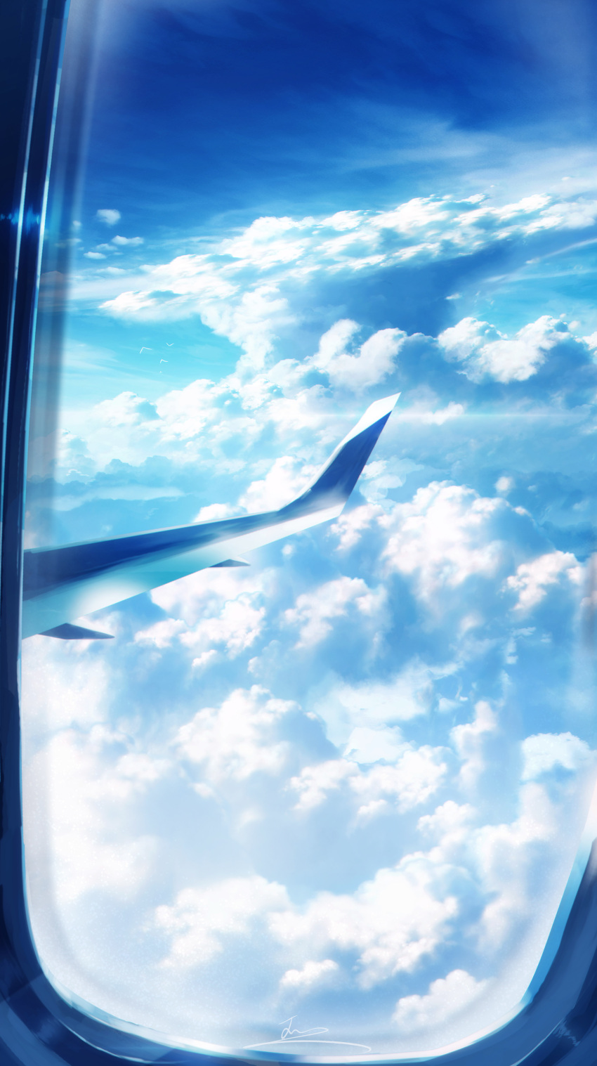 absurdres airplane_interior airplane_wing blue_sky cloud cloudy_sky commentary day highres no_humans original scenery signature sky skyrick9413 window