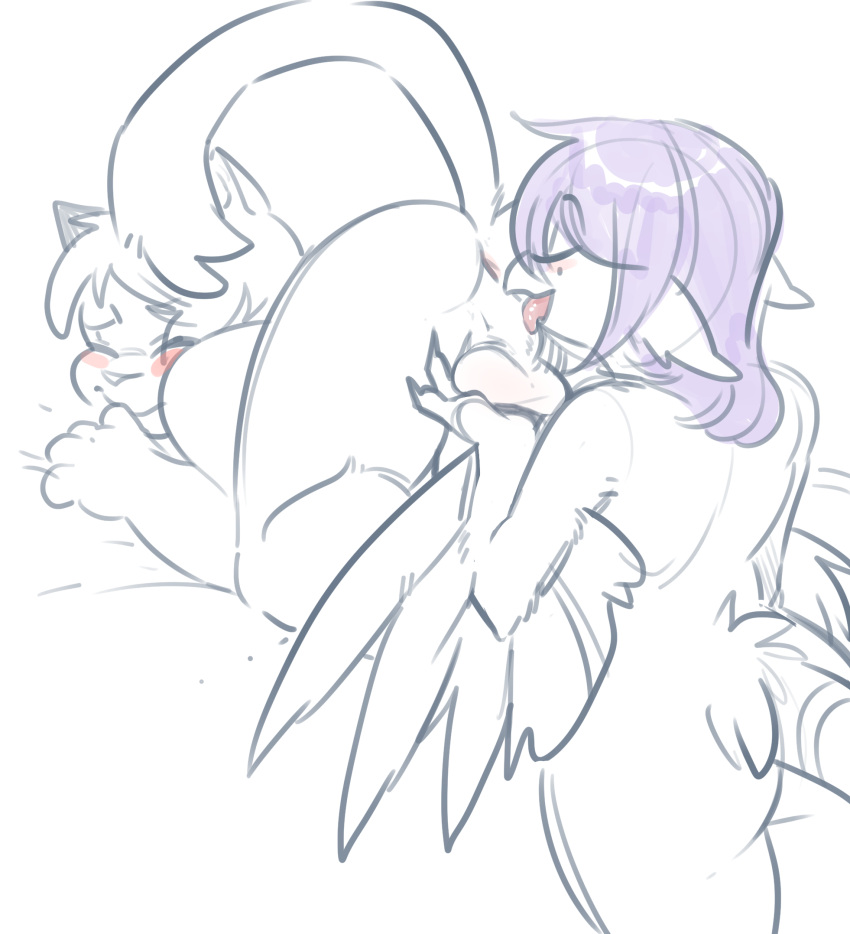 anthro avian bird birddi blush duo female glacierclear hair hi_res licking male male/female markings mole_(marking) simple_background sketch tongue tongue_out wings