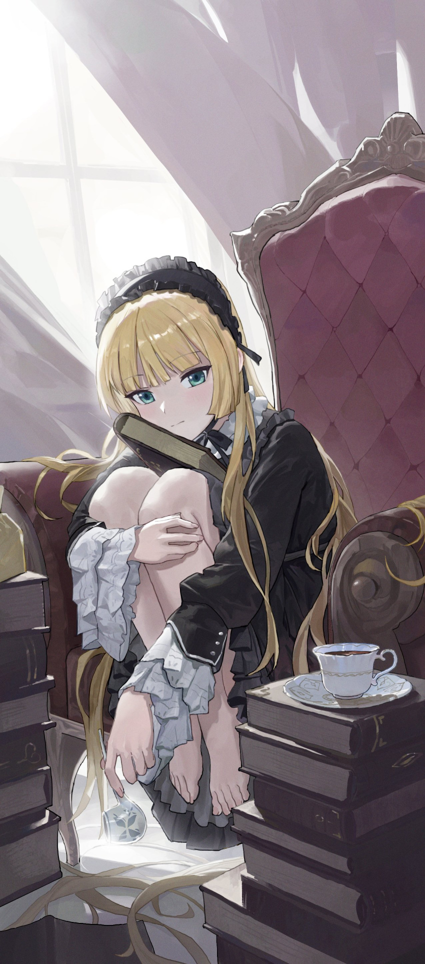 1girl absurdres armchair backlighting bangs bare_legs barefoot black_dress black_hairband blonde_hair blunt_bangs blush book book_stack chair closed_mouth commentary cup curtains dress feet_on_chair frilled_hairband frills gosick green_eyes hairband highres holding holding_smoking_pipe hugging_own_legs indoors long_hair looking_at_viewer plate sitting smoking_pipe solo teacup toes very_long_hair victorica_de_blois window yinrain0023
