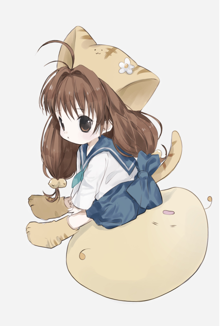 1girl :x ahoge animal_hat back_bow bangs bell bow brown_eyes brown_hair cat_hat cat_tail di_gi_charat gema hair_bell hair_ornament hano_luno hat highres long_hair long_sleeves low_twintails paw_shoes puchiko school_uniform serafuku sitting tail twintails