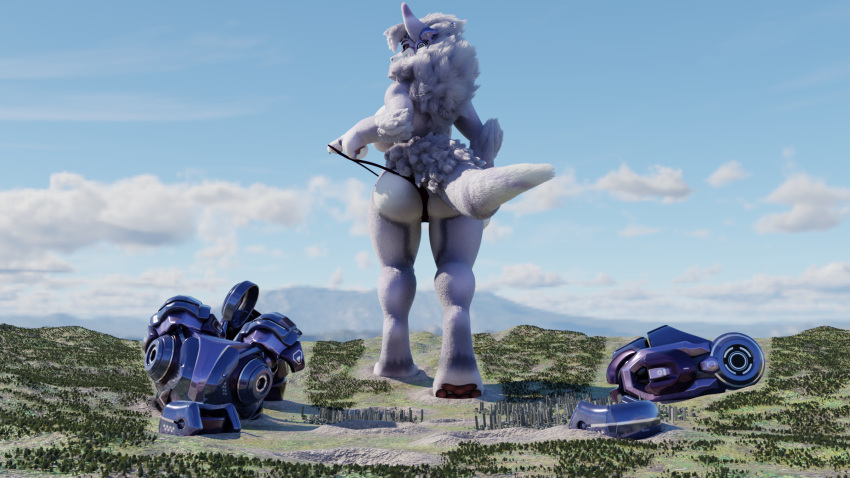 3d_(artwork) anthro armor armor_on_floor butt city clothed clothing cloud digital_media_(artwork) female fluffy fluffy_butt footprint forest haircut handpaw hi_res landscape looking_back macro mamagen mega_macro mountain neck_tuft panties panties_only pawprint paws plant rear_view solo syko_(mamagen) tail_aside teasing the_tao_swordsman topless tree tuft underwear underwear_only