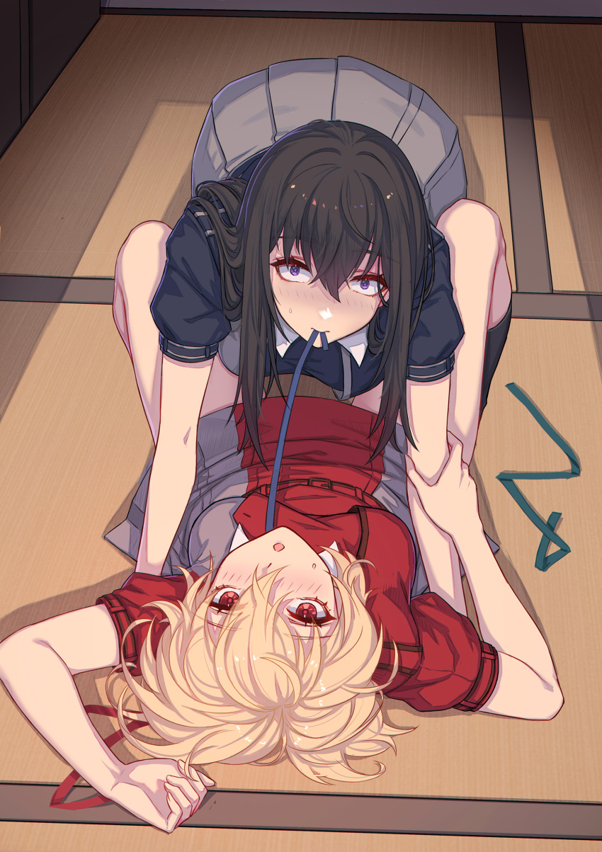 2girls black_hair blonde_hair blush caught constricted_pupils girl_on_top highres indoors inoue_takina long_hair looking_at_viewer lycoris_recoil lycoris_uniform lying medium_hair mouth_hold multiple_girls nairobi_song nishikigi_chisato on_back on_floor open_mouth red_eyes ribbon ribbon_in_mouth socks sunlight tatami yuri