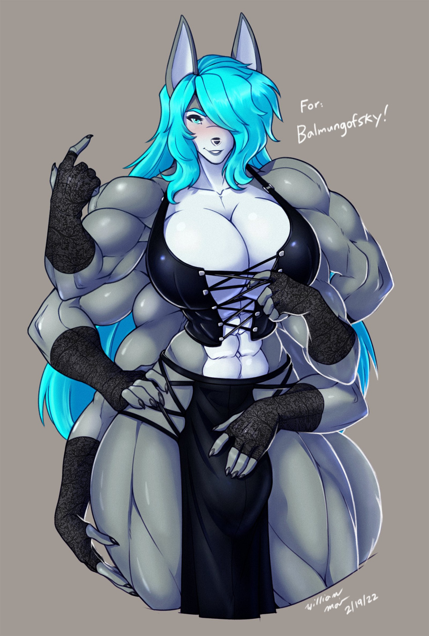 6_arms anthro asura_(balmungofsky) big_breasts blue_eyes blue_hair breasts bulge canid canine canis cleavage clothed clothing domestic_dog female gynomorph hair hi_res husky intersex long_hair mammal multi_arm multi_limb muscular muscular_female muscular_thighs nordic_sled_dog smile solo spitz thick_thighs wmdiscovery93