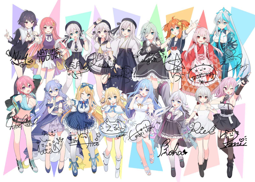 6+girls artist_request blue_background character_name character_request chloe_marie_reinhart emori_miku emori_miku_project emu_alice eureka_iris full_body green_background highres liver_city long_hair looking_at_viewer multicolored_background multiple_girls official_art orange_background pink_background purple_background short_hair white_background yellow_background