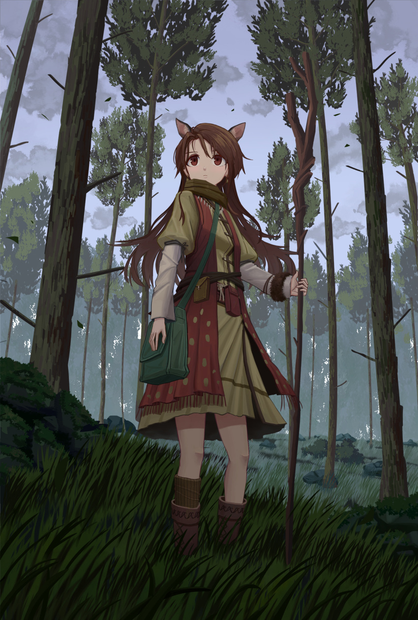 1girl animal_ears bag bangs boots brown_eyes brown_hair cloud cloudy_sky dress forest fringe_trim from_below frown fur_cuffs grass highres holding holding_staff juliet_sleeves layered_sleeves long_hair long_sleeves nature original outdoors puffy_sleeves rock satchel scarf scenery single_sock single_wrist_cuff sky socks solo soumura staff tree very_long_hair vest wrist_cuffs