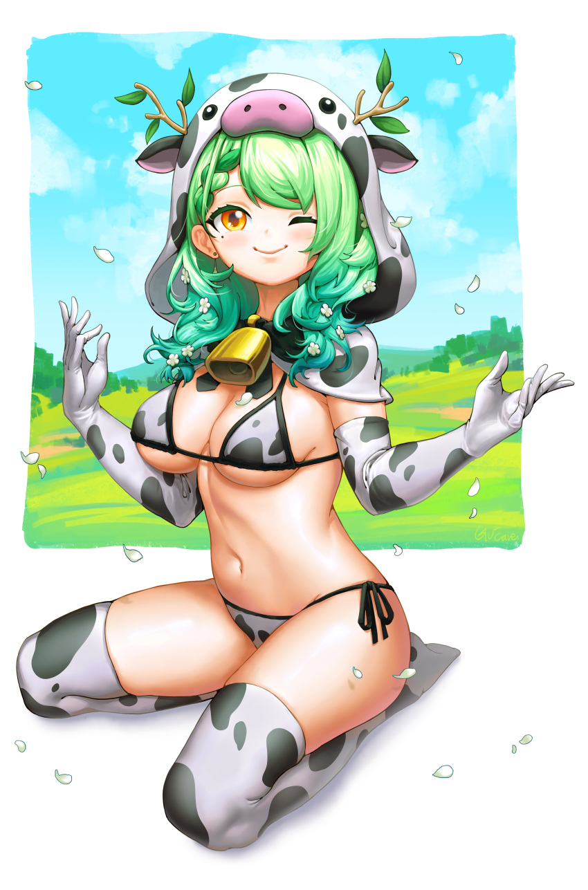 1girl ;) absurdres animal_print bangs bell bikini blush breasts capelet ceres_fauna closed_mouth cow_hood cow_print cowbell earrings elbow_gloves full_body gloves gooster gradient_hair green_hair highres hololive hololive_english hood hooded_capelet jewelry looking_at_viewer medium_breasts mole mole_under_eye multicolored_hair navel neck_bell one_eye_closed petals print_bikini print_capelet print_gloves print_towel side-tie_bikini sitting smile solo stomach string_bikini swimsuit towel virtual_youtuber yellow_eyes