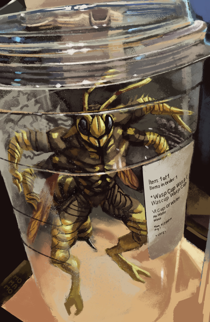 4_arms absurd_res ambiguous_gender antennae_(anatomy) anthro arthropod black_body container cup hi_res hymenopteran insect momamo multi_arm multi_limb solo solo_focus starbucks trapped wasp wings yellow_body