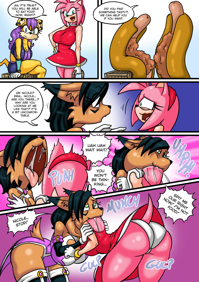 absurd_res amy_rose android anthro archie_comics big_butt breasts butt chilli_dog cleavage clothed clothing comic digital_creature duo eulipotyphlan felid feline female female/female female_pred female_prey forced group head_first head_in_mouth hedgehog herpestid hi_res humor lynx machine mammal mina_mongoose mobian_hedgehog mobian_lynx mobian_mongoose mobian_pred mobian_prey mongoose natsumemetalsonic nicole_the_lynx oral_vore robot same_size sega soft_vore sonic_the_hedgehog_(archie) sonic_the_hedgehog_(comics) sonic_the_hedgehog_(series) thick_thighs tighs trio unwilling_prey unwilling_vore vore wankerscramp willing_pred willing_vore