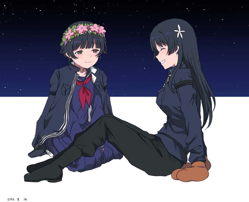 2girls alternate_costume arm_support arms_between_legs bangs black_footwear black_hair black_pants blue_jacket blue_sailor_collar blue_shirt blue_skirt blunt_bangs blush breasts brown_eyes brown_mittens closed_eyes closed_mouth collarbone commentary_request dated flower flower_wreath from_side full_body hair_flower hair_ornament highres jacket long_hair long_sleeves medium_breasts multiple_girls neckerchief open_mouth pants pleated_skirt red_neckerchief sailor_collar sailor_shirt sakugawa_school_uniform saten_ruiko school_uniform shirt short_hair sitting skirt smile takatisakana toaru_kagaku_no_railgun toaru_majutsu_no_index uiharu_kazari