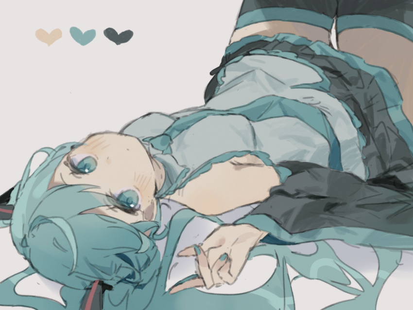 1girl aqua_eyes aqua_hair aqua_necktie bangs black_thighhighs closed_mouth detached_sleeves grey_shirt hatsune_miku heart highres legs_up limited_palette long_hair looking_at_viewer lying necktie o_(jshn3457) on_back shirt simple_background solo thighhighs twintails vocaloid white_background