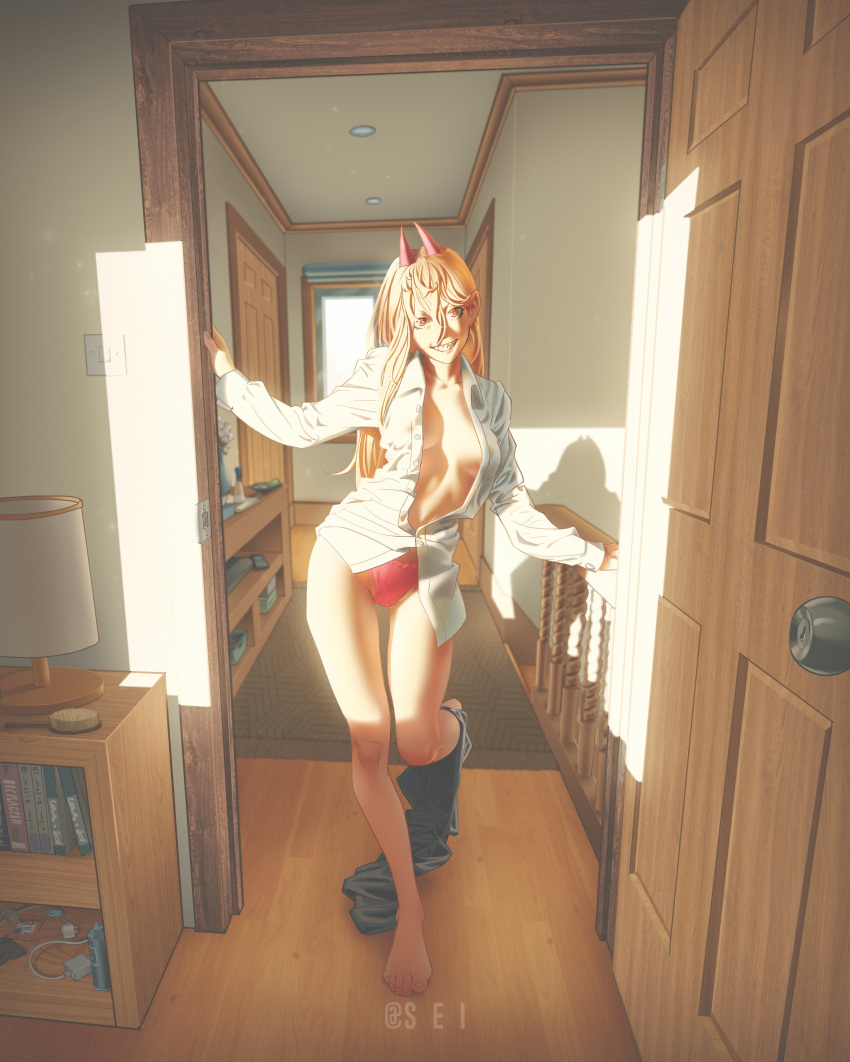 1girl absurdres barefoot blonde_hair breasts cameltoe chainsaw_man cleavage demon_horns door doorway highres horns lamp looking_at_viewer medium_breasts no_bra no_pants open_clothes open_door open_shirt panties pants_around_one_leg partially_unbuttoned pink_panties power_(chainsaw_man) sei_few sharp_teeth smile solo standing symbol-shaped_pupils teeth thigh_gap toes unbuttoned unbuttoned_shirt underwear undressing