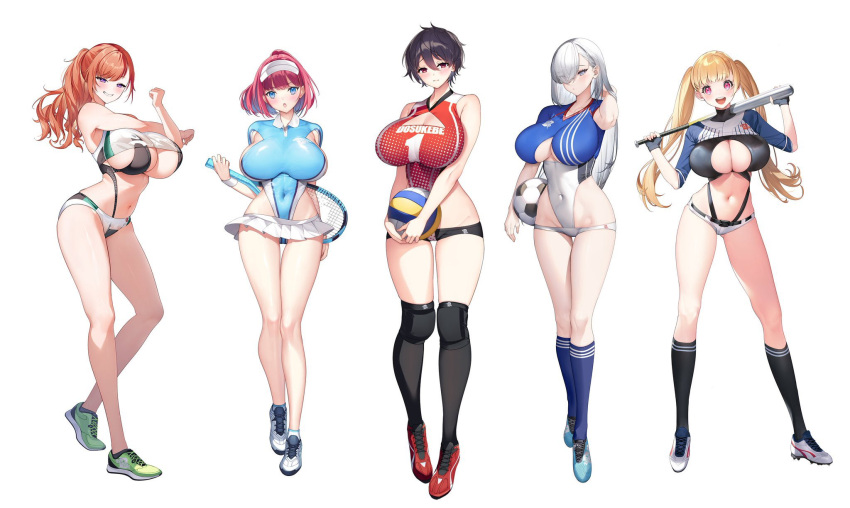 5girls artist_request ball baseball_bat breasts curvy highres large_breasts leotard leotard_under_clothes multiple_girls non-web_source original racket soccer_ball source_request sportswear tagme tennis_racket track_and_field volleyball