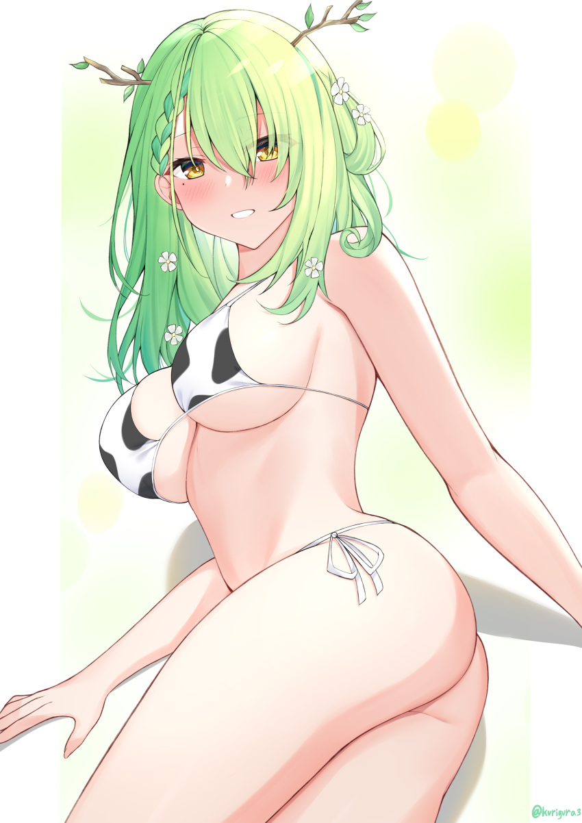 1girl absurdres animal_print antlers ass bikini blush branch breasts ceres_fauna cow_print flower green_hair grin hair_flower hair_ornament highres hololive hololive_english kurigura_(sketch_san) large_breasts looking_at_viewer looking_back lying on_side side-tie_bikini smile solo swimsuit yellow_eyes
