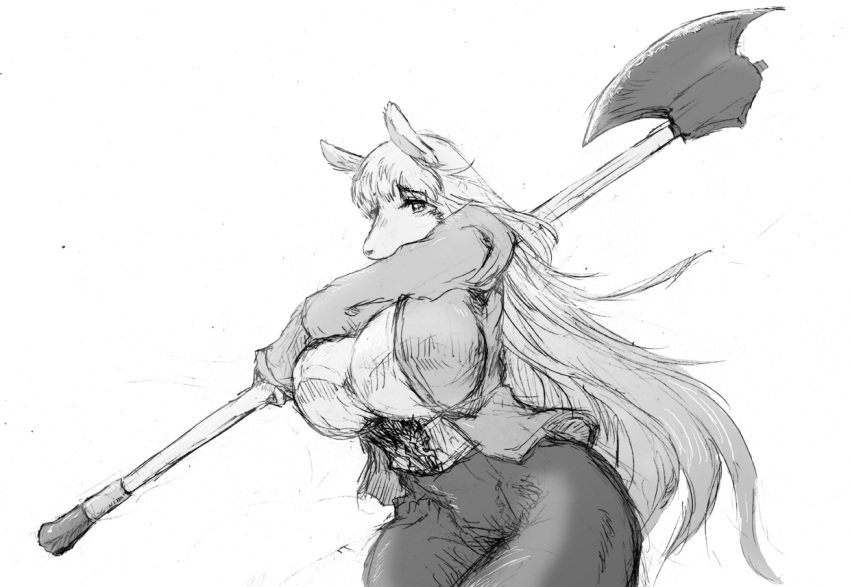 anthro axe battle_axe big_breasts big_butt breasts butt canid canine canis clothing domestic_dog female h1000bon hair hunting_dog kemofujin kemofujin_(comic) long_hair looking_at_viewer mammal melee_weapon solo solo_focus standing tagme weapon