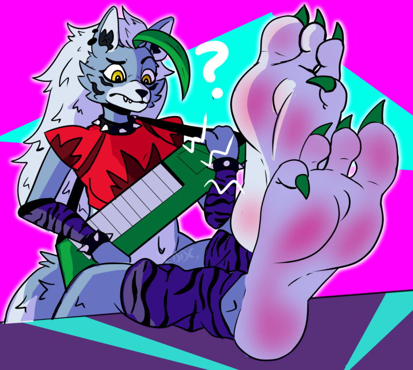 5_toes anthro bcm13 canid canine canis confusion feet female five_nights_at_freddy's five_nights_at_freddy's:_security_breach foot_fetish foot_focus hi_res humanoid mammal roxanne_wolf_(fnaf) scottgames simple_background soles solo toes video_games wolf